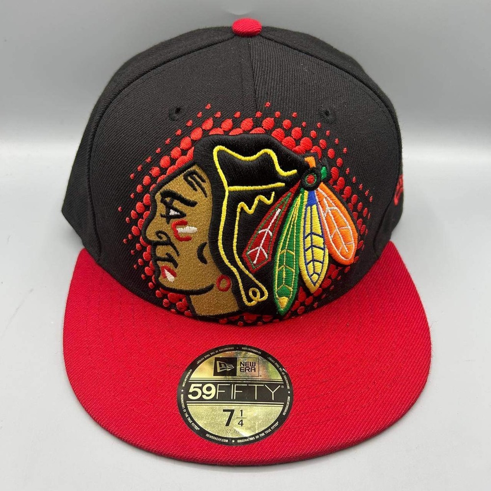 Chicago Blackhawks NHL Hat Men 7 1/4 Black Red 59Fifty New Era Fitted Cap Wool